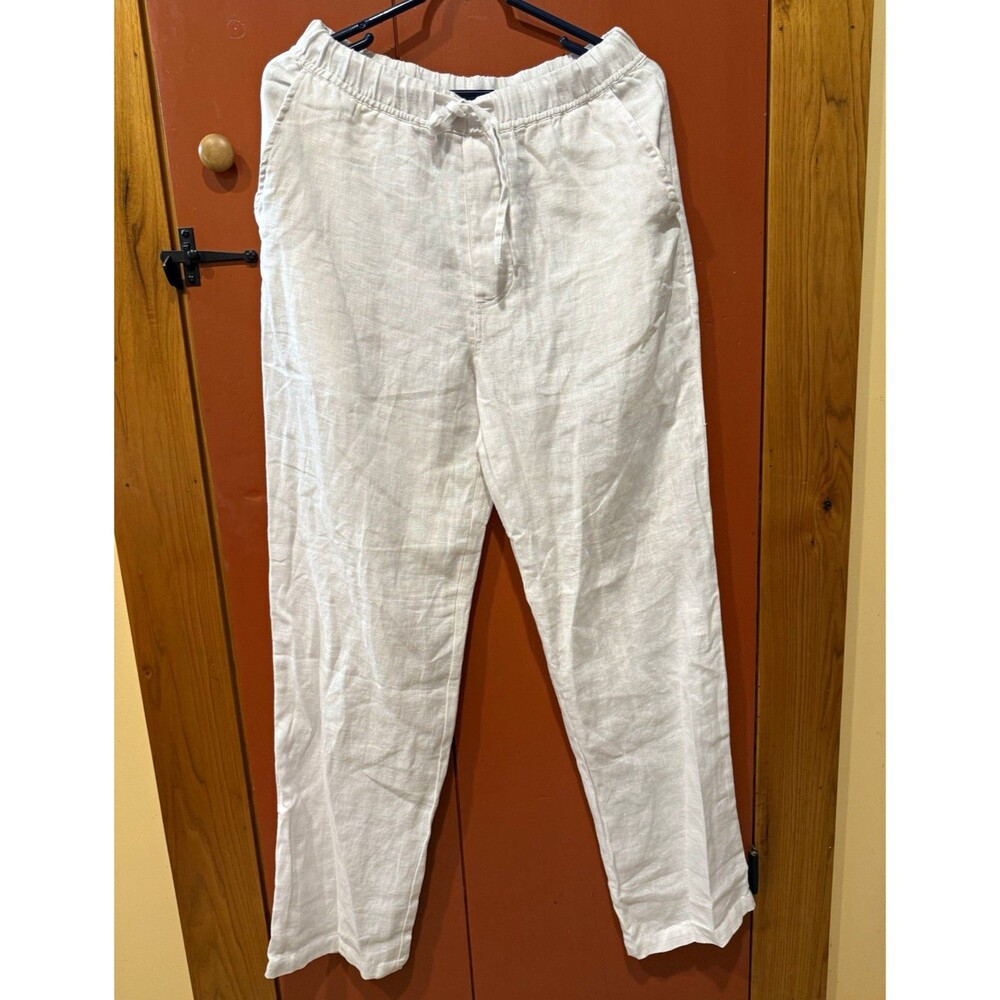 Weekendz Off Women’s S White Solid Linen Pants Drawstring Elastic Waist Pockets